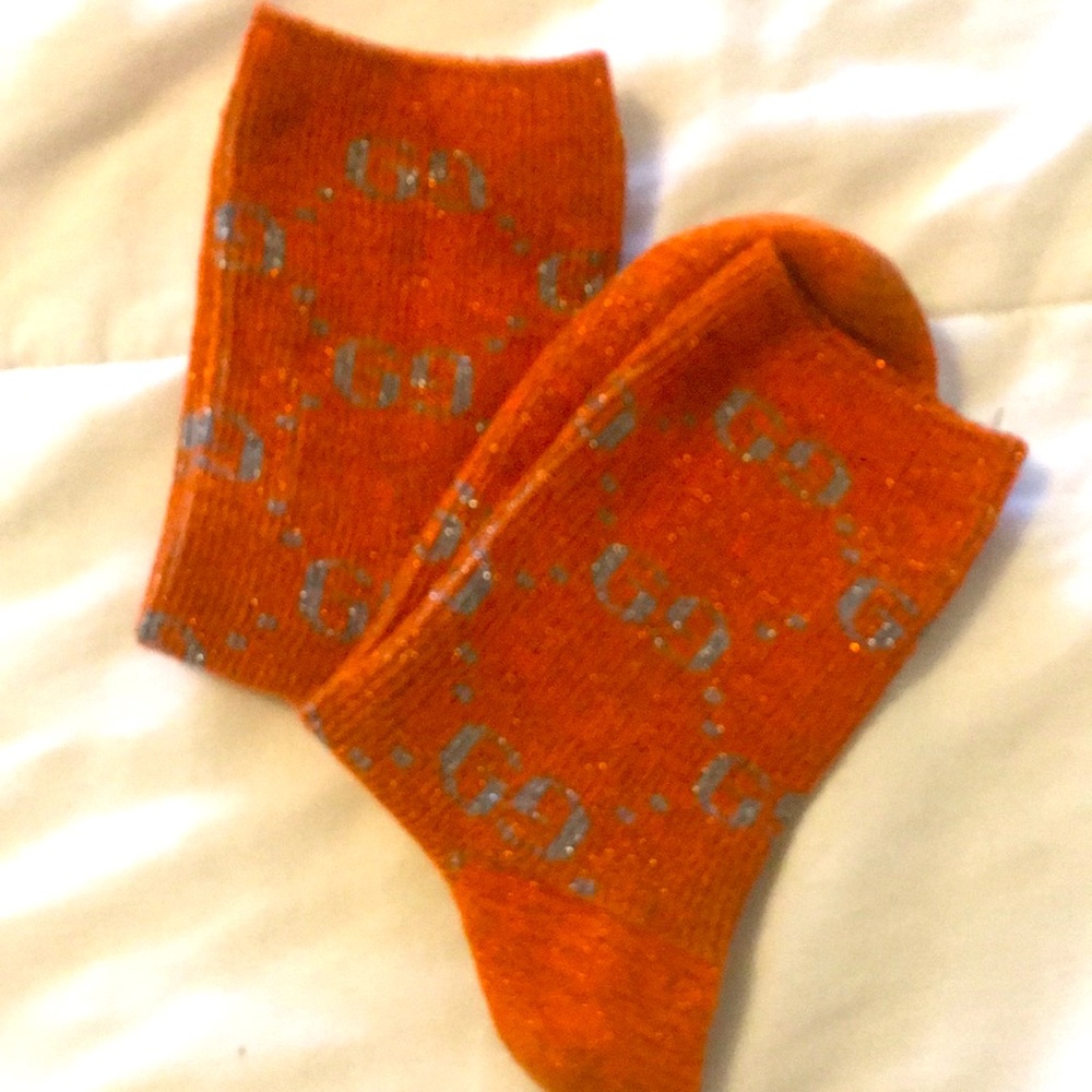 Gucci Orange Silver Metallic Sparkle Lurex Mid Calf Socks Luxury Authentic